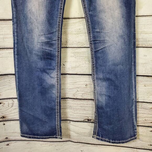 American Fighter Buckle Men’s Jeans Size 34L Blue Distressed Denim - Picture 4 of 13